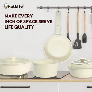 Katbite 11 Piece Nonstick Cookware Set with Detachable Handle Cream White
