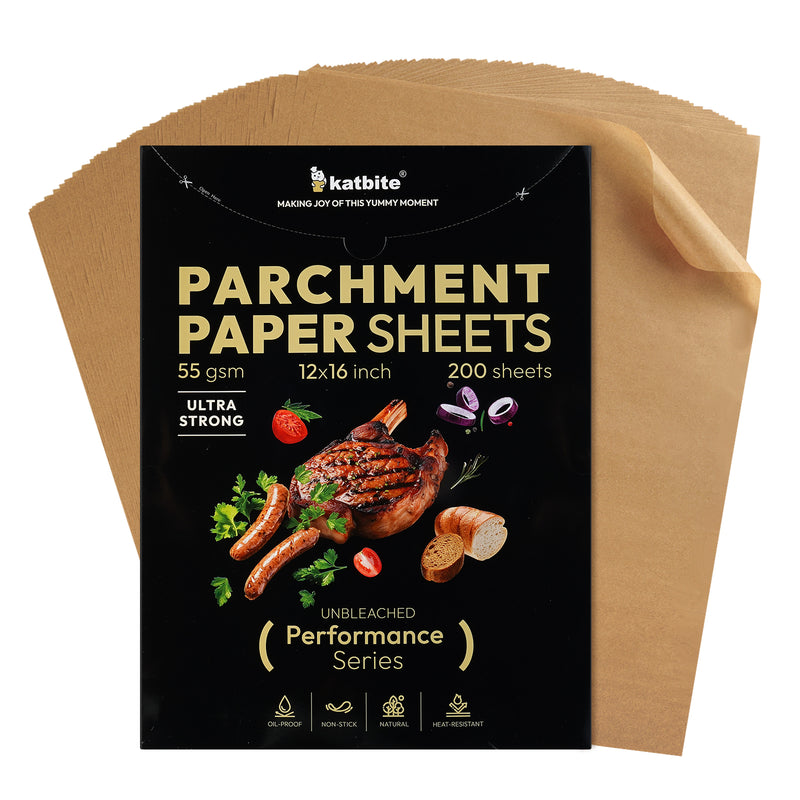 Katbite Heavy Duty Parchment Paper for Baking,Brown, 50GSM 200 Pcs 12x16 inch