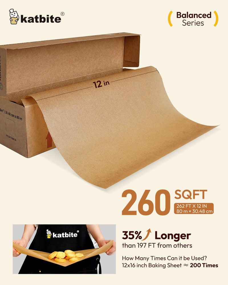 Katbite 12in x 262ft Unbleached Parchment Paper Roll – 260 Sq.Ft, Non-Stick & Extra Long Baking Paper with Serrated Cutter for Easy Use | Perfect for Cooking, Baking, Air Fryer & More [Balanced Series]