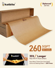 Katbite 12in x 262ft Unbleached Parchment Paper Roll – 260 Sq.Ft, Non-Stick & Extra Long Baking Paper with Serrated Cutter for Easy Use | Perfect for Cooking, Baking, Air Fryer & More [Balanced Series]