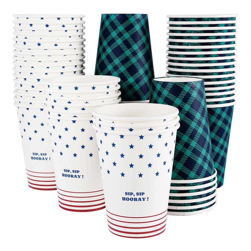 Katbite 50PCS 12 oz Disposable Paper Cups,Hot/Cold Beverage Drinking Cup,Plaid And Star Design
