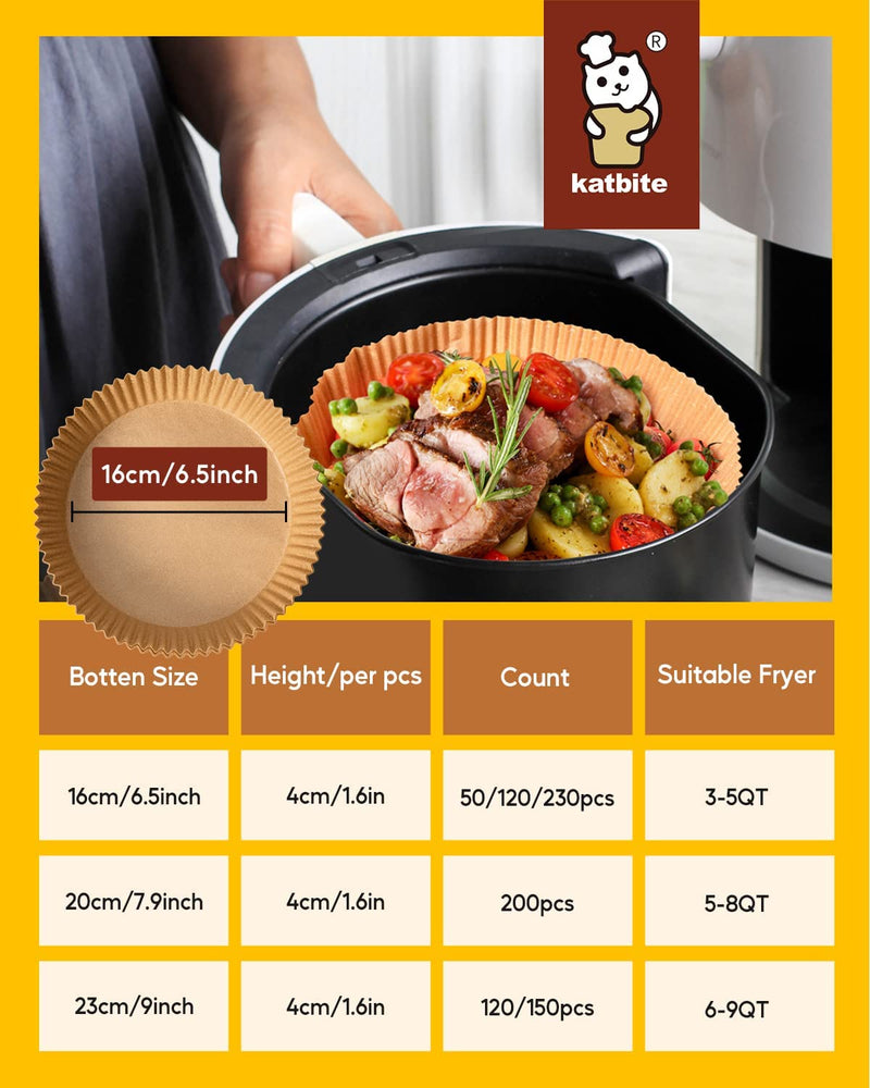 Katbite 230PCS Air Fryer Liners for 5-8 QT Basket, Small Air fryer Liners, Non Stick Air fryer Liner Made of Food Grade Parchment Paper, 6.5 Inch