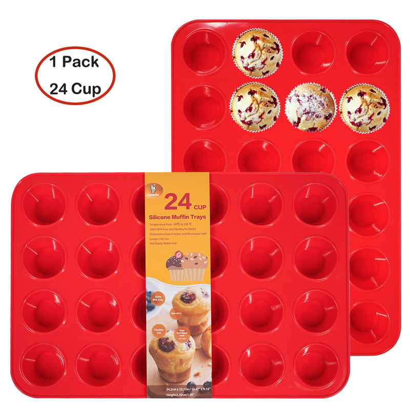 Katbite Silicone Mini Muffin Pan 24 Cups Cupcake Pan Food Grade Silicone Molds for Baking,Red