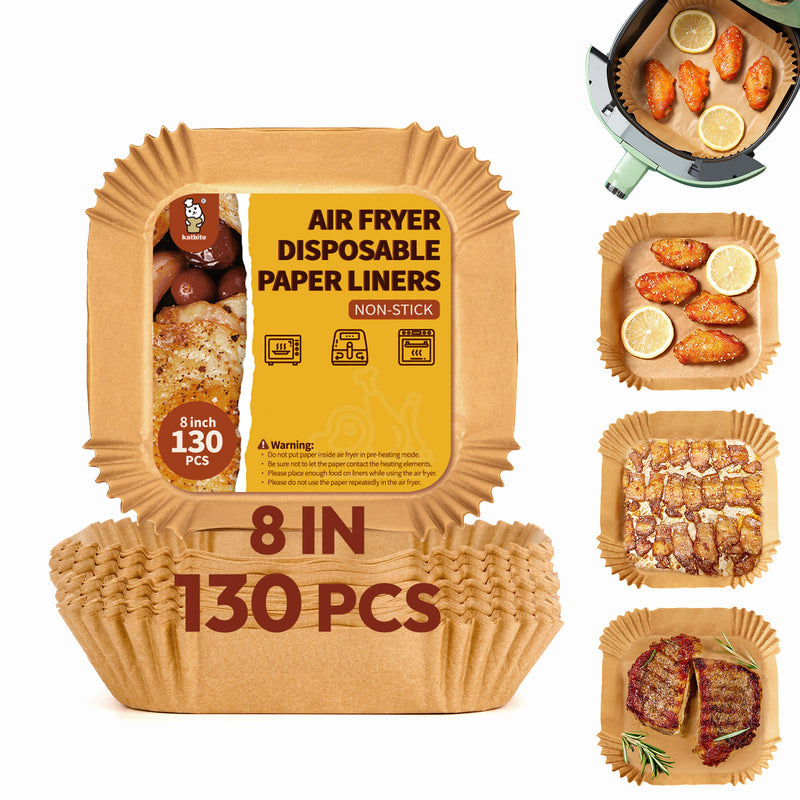 Katbite 8 inch Air Fryer Liners Disposable, Square Non-Stick Air Fryer Paper Liners, Unbleached Parchment Paper for 5 to 8 Qt Basket; Frying, Baking, Cooking, Roasting - Easy Cleanup - 130pcs