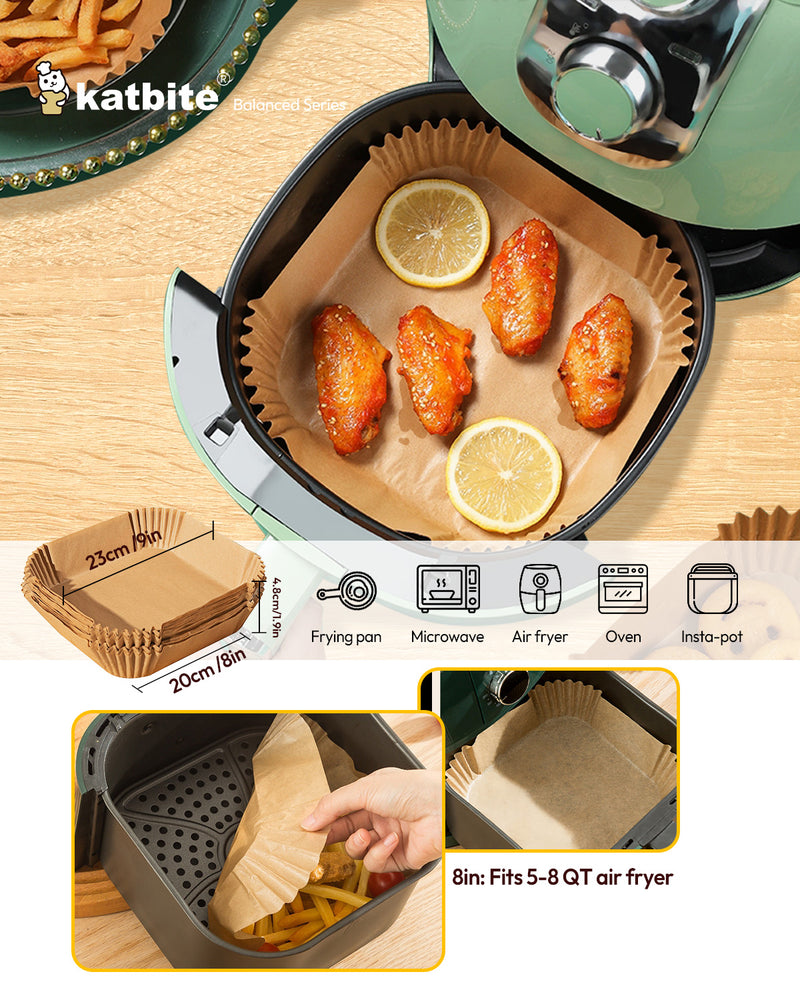 Katbite 8 inch Air Fryer Liners Disposable, Square Non-Stick Air Fryer Paper Liners, Unbleached Parchment Paper for 5 to 8 Qt Basket; Frying, Baking, Cooking, Roasting - Easy Cleanup - 130pcs