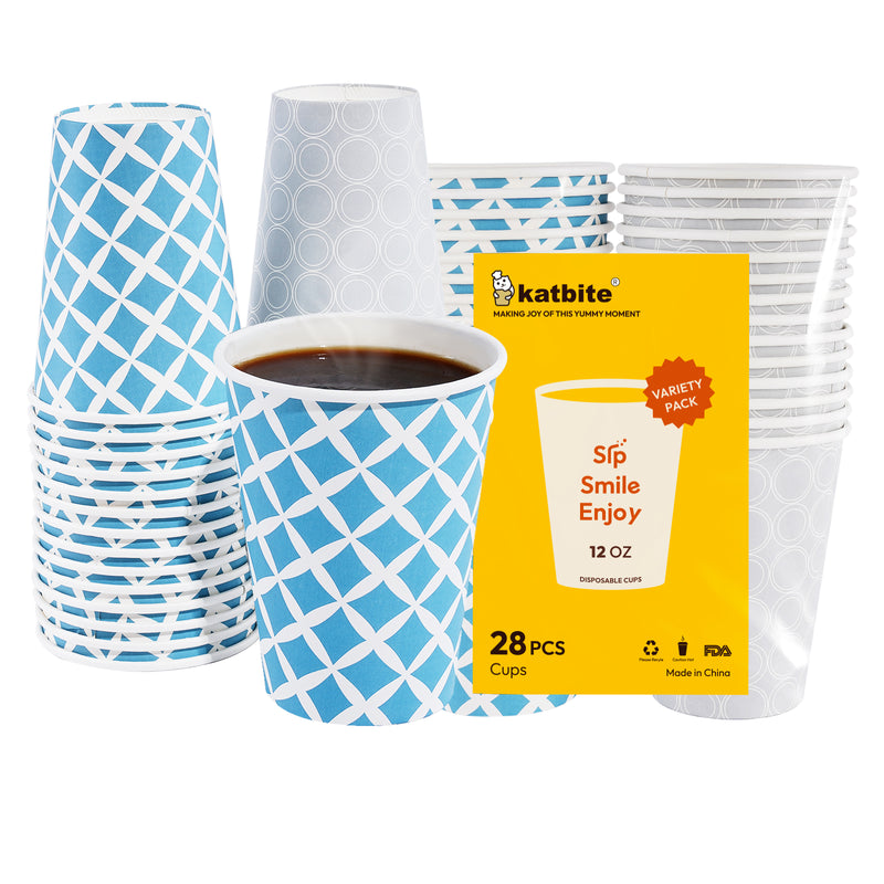 Katbite 28-Count 12 oz Disposable Paper Cups,Convenient and Versatile - Gray Circle and Light Blue Grid Design