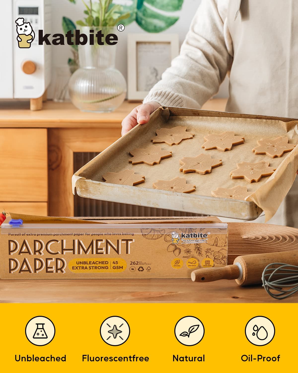 Unbleached Parchment Paper Roll for Baking, 15 in x 210 Ft, 260 Sq.Ft,  Non-stick Baking Paper, Food Grade Cooking Paper for Bread, Cookies, Heat