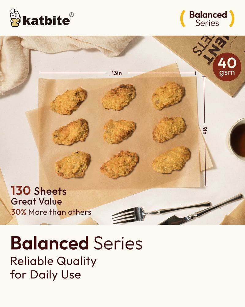 Katbite 130-Pack 9x13" Pre-Cut Parchment Paper Sheets – Non-Stick, Unbleached, Perfect for Baking, Cooking & Air Fryer [Balanced Series]