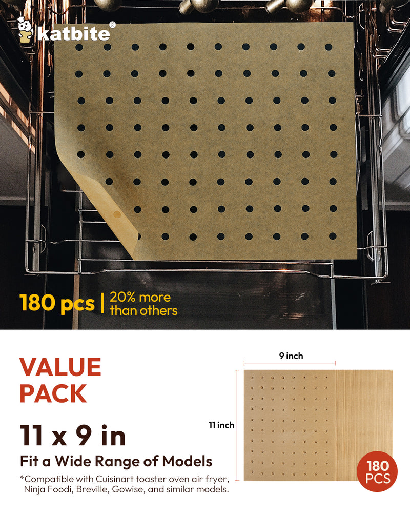 Katbite 180-Pack 9x11” Perforated Air Fryer Parchment Paper Liners | Disposable, Non-Stick, Greaseproof Basket Liners for Air Fryers, Ovens & Steamers