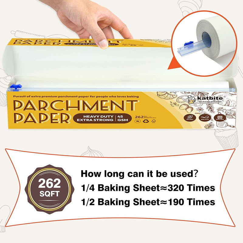 Katbite Heavy Duty Parchment Paper Roll for Baking, 12 in x 262 ft  Non-Stick Baking Paper for Cooking, Baking Cookies, Grilling, Air Fryer and