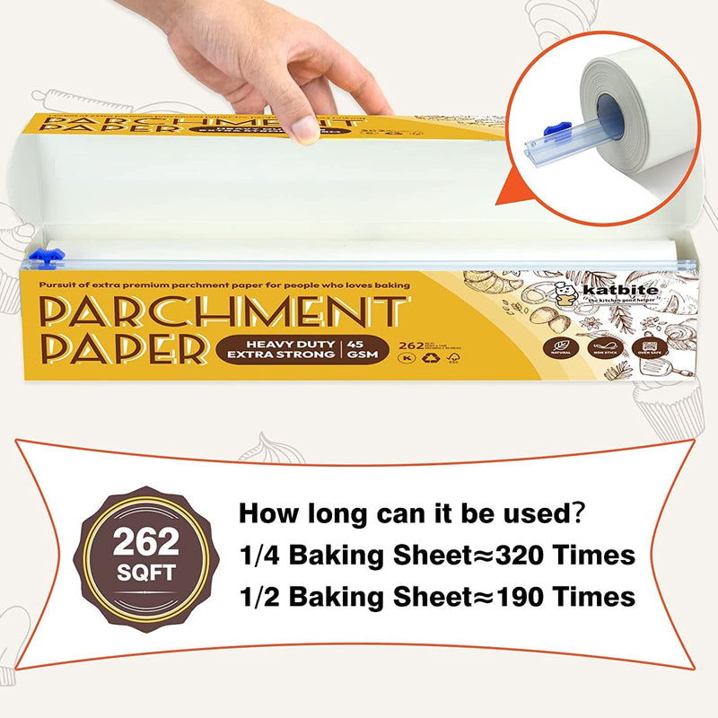 katbite Heavy Duty Parchment Paper Roll for Baking, 12 in x 262 ft Non-Stick Baking Paper for Cooking, Baking Cookies, Grilling, Air Fryer and Steaming (1Pack)
