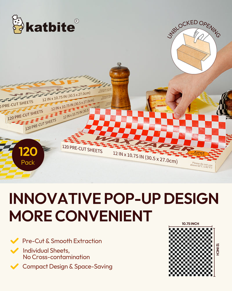 Katbite 120 Pop-Up Deli Wax Paper Sheets, 12x10.75" | Grease-Resistant Food Wrapping Paper for Sandwiches, Burgers, Burritos, and Takeout