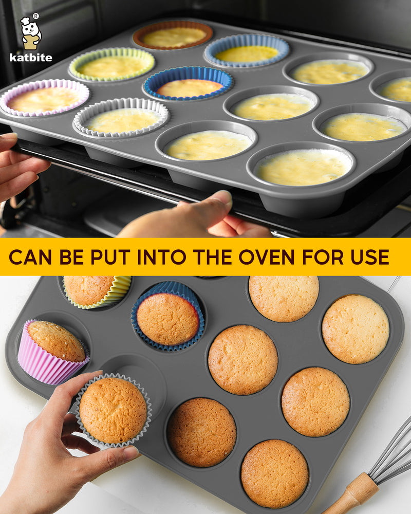 katbite Silicone Muffin Pan Grey, 12 Cups Cupcake Pan With 6