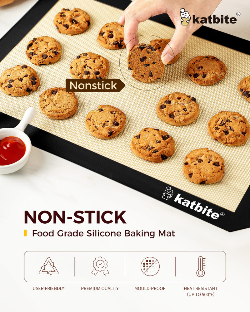 Katbite Silicone Baking Mat Colorful Collection - Set of 3: 2 Half Sheets Mats (11 5/8" x 16 1/2") + 1 Quarter Baking Sheet, Reusable & Nonstick Bakeware Mats for Cookies, Macarons, Bread (Black)