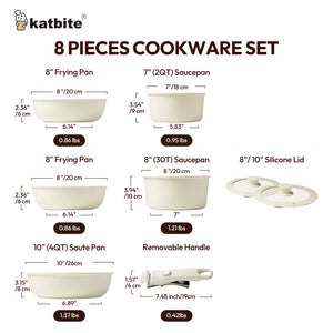 Katbite 11 Piece Nonstick Cookware Set with Detachable Handle Cream White