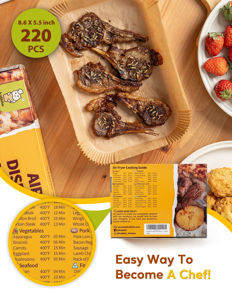 Katbite 220PCS Rectangle Air Fryer Liners, 8.6x5.5'' Air Fryer Liners Disposable for Ninja Dual Air Fryer, Oil-Proof Air Fryer Parchment Paper Liners for Air Fryer Basket for Foodi DZ201, DZ401, FG551