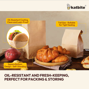 Katbite Oil Resistant Paper Lunch Bags 100 Count Self Standing Fold Top