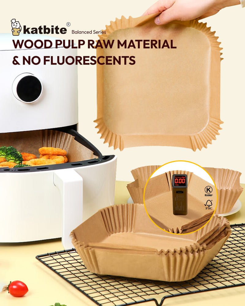 Katbite 8 inch Air Fryer Liners Disposable, Square Non-Stick Air Fryer Paper Liners, Unbleached Parchment Paper for 5 to 8 Qt Basket; Frying, Baking, Cooking, Roasting - Easy Cleanup - 130pcs