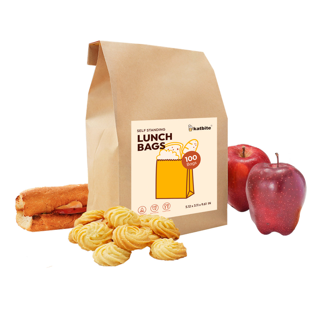 Katbite Oil Resistant Paper Lunch Bags 100 Count Self Standing Fold Top