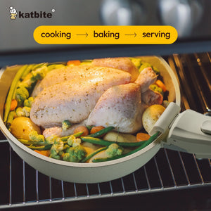 Katbite 11 Piece Nonstick Cookware Set with Detachable Handle Cream White
