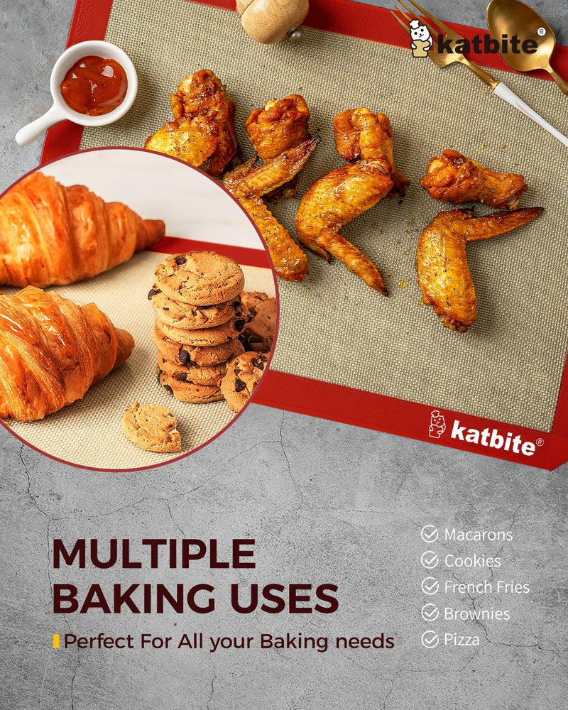 Katbite Silicone Baking Mat Colorful Collection - Set of 3: 2 Half Sheets Mats (11 5/8" x 16 1/2") + 1 Quarter Baking Sheet, Reusable & Nonstick Bakeware Mats for Cookies, Macarons, Bread (Red)