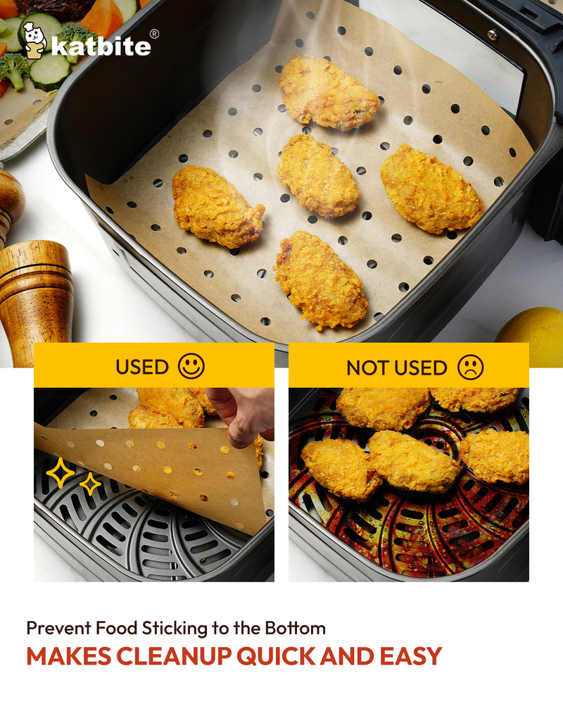 Katbite 180-Pack 9x11” Perforated Air Fryer Parchment Paper Liners | Disposable, Non-Stick, Greaseproof Basket Liners for Air Fryers, Ovens & Steamers