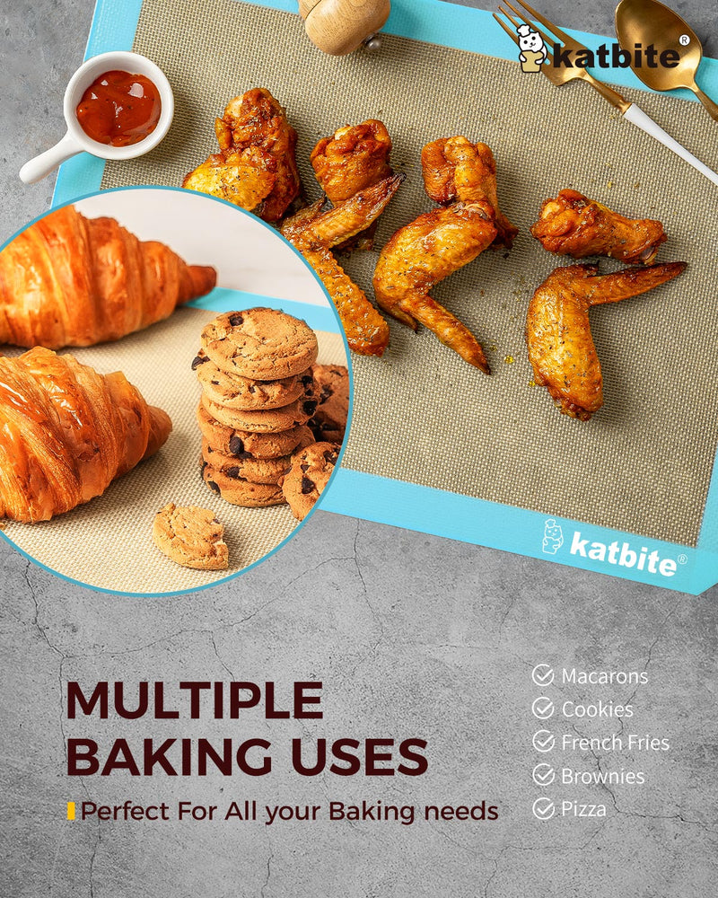 Katbite Silicone Baking Mat Colorful Collection - Set of 3: 2 Half Sheets Mats (11 5/8" x 16 1/2") + 1 Quarter Baking Sheet, Reusable & Nonstick Bakeware Mats for Cookies, Macarons, Bread (Light Blue)