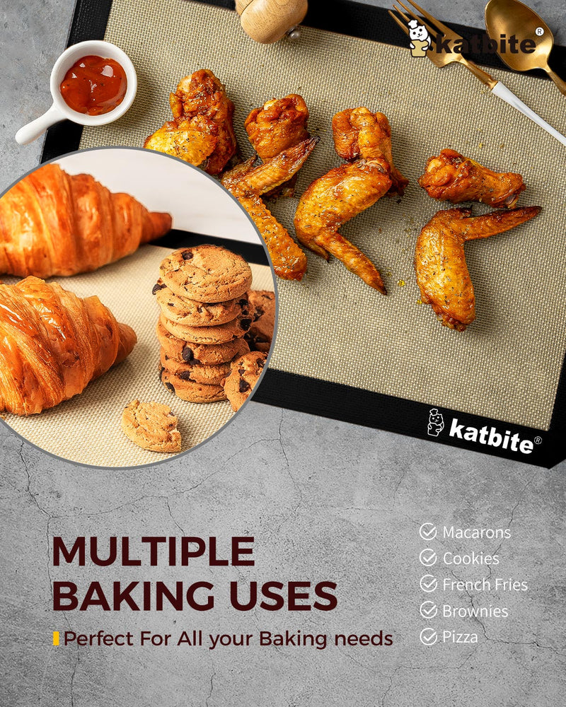 Katbite Silicone Baking Mat Colorful Collection - Set of 3: 2 Half Sheets Mats (11 5/8" x 16 1/2") + 1 Quarter Baking Sheet, Reusable & Nonstick Bakeware Mats for Cookies, Macarons, Bread (Black)