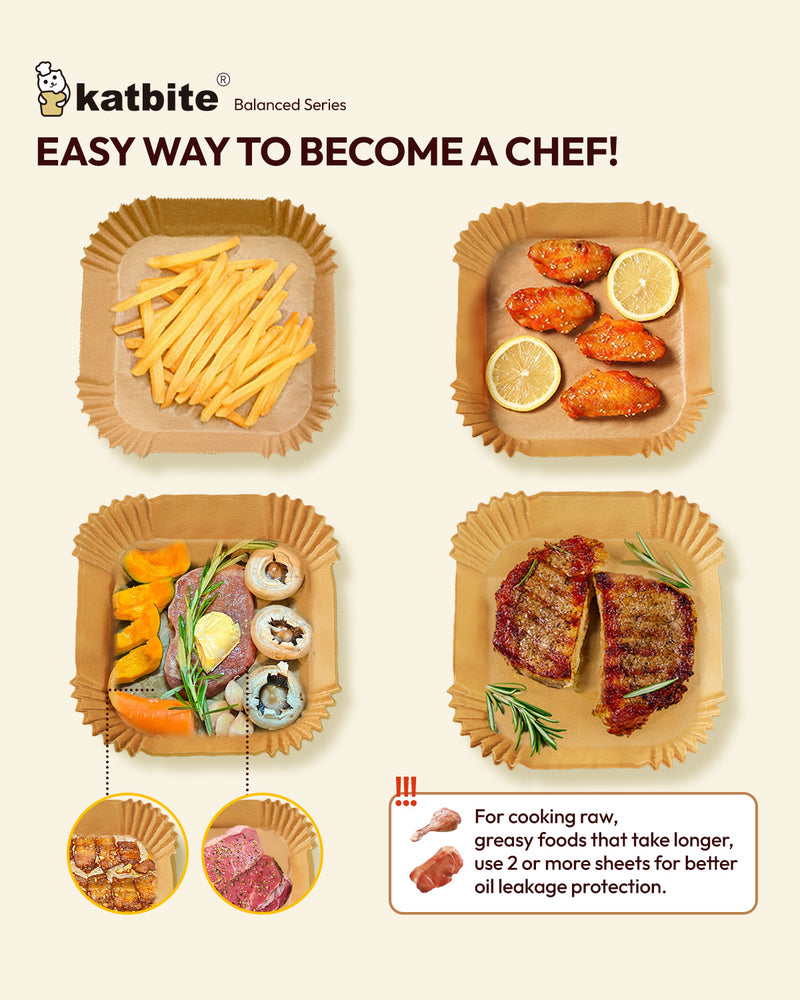 Katbite 8 inch Air Fryer Liners Disposable, Square Non-Stick Air Fryer Paper Liners, Unbleached Parchment Paper for 5 to 8 Qt Basket; Frying, Baking, Cooking, Roasting - Easy Cleanup - 130pcs