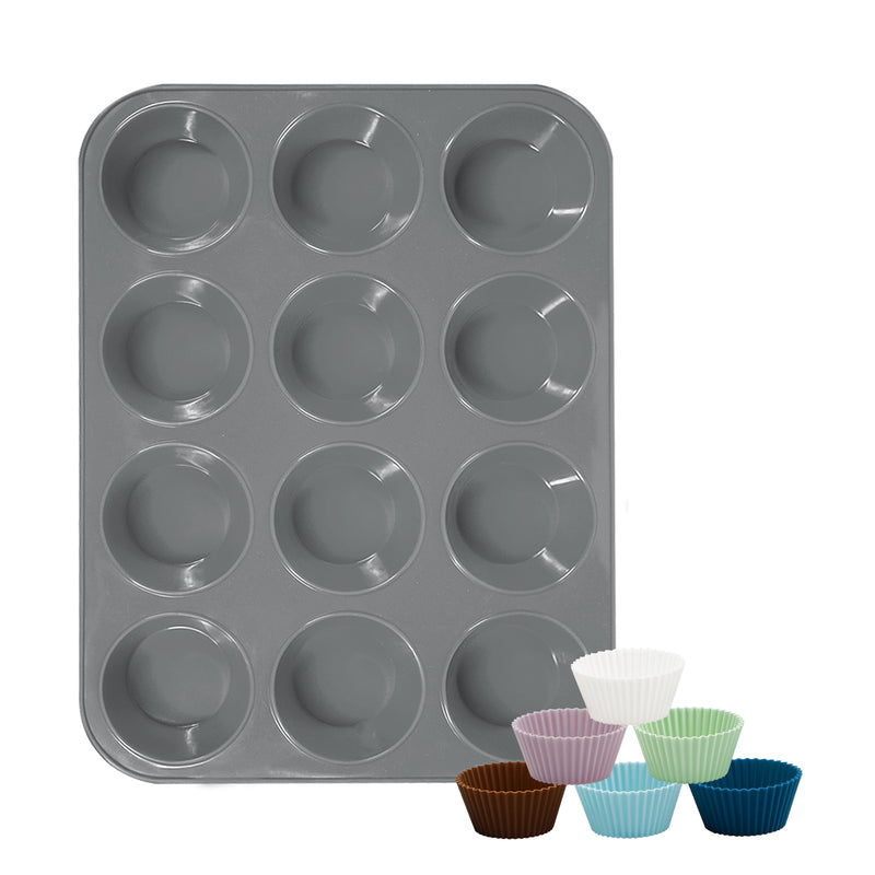 katbite Silicone Muffin Pan Grey, 12 Cups Cupcake Pan With 6 baking cups, Non-stick and Dishwasher Safe, Square Silicone Baking Pan, Great for Making Muffin Cakes, Tart, Bread