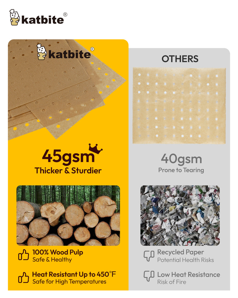 Katbite 180-Pack 9x11” Perforated Air Fryer Parchment Paper Liners | Disposable, Non-Stick, Greaseproof Basket Liners for Air Fryers, Ovens & Steamers