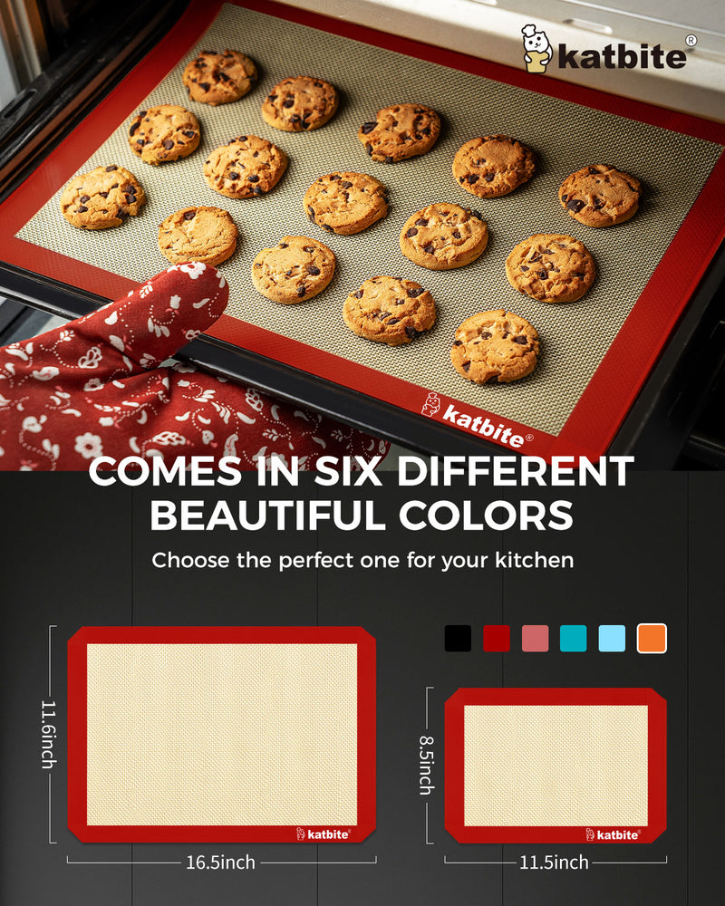 Katbite Silicone Baking Mat Colorful Collection - Set of 3: 2 Half Sheets Mats (11 5/8" x 16 1/2") + 1 Quarter Baking Sheet, Reusable & Nonstick Bakeware Mats for Cookies, Macarons, Bread (Red)