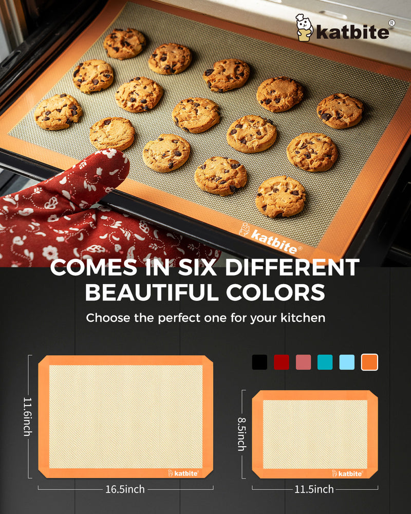 Katbite Silicone Baking Mat Colorful Collection - Set of 3: 2 Half Sheets Mats (11 5/8" x 16 1/2") + 1 Quarter Baking Sheet, Reusable & Nonstick Bakeware Mats for Cookies, Macarons, Bread (Orange)