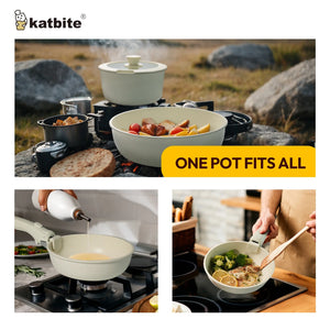 Katbite 11 Piece Nonstick Cookware Set with Detachable Handle Cream White