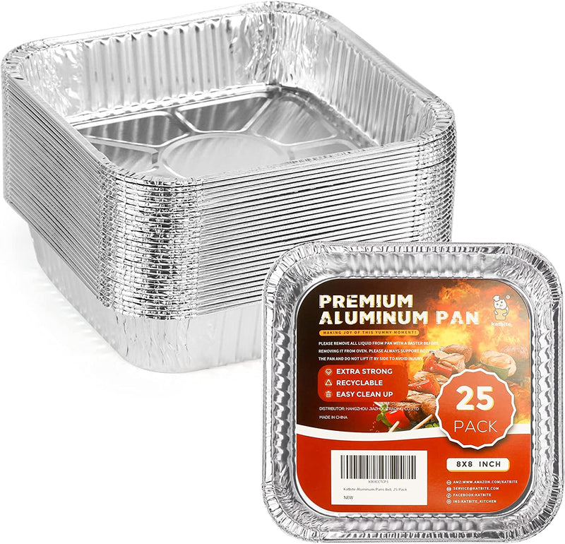 katbite 8 x 8 Aluminum Foil Pans for Air fryer, Disposable 25 Pack Foil Pans, Square Aluminum Baking Pans, Tin Foil Pans Great for Cooking, Heating, Storing, Prepping Food