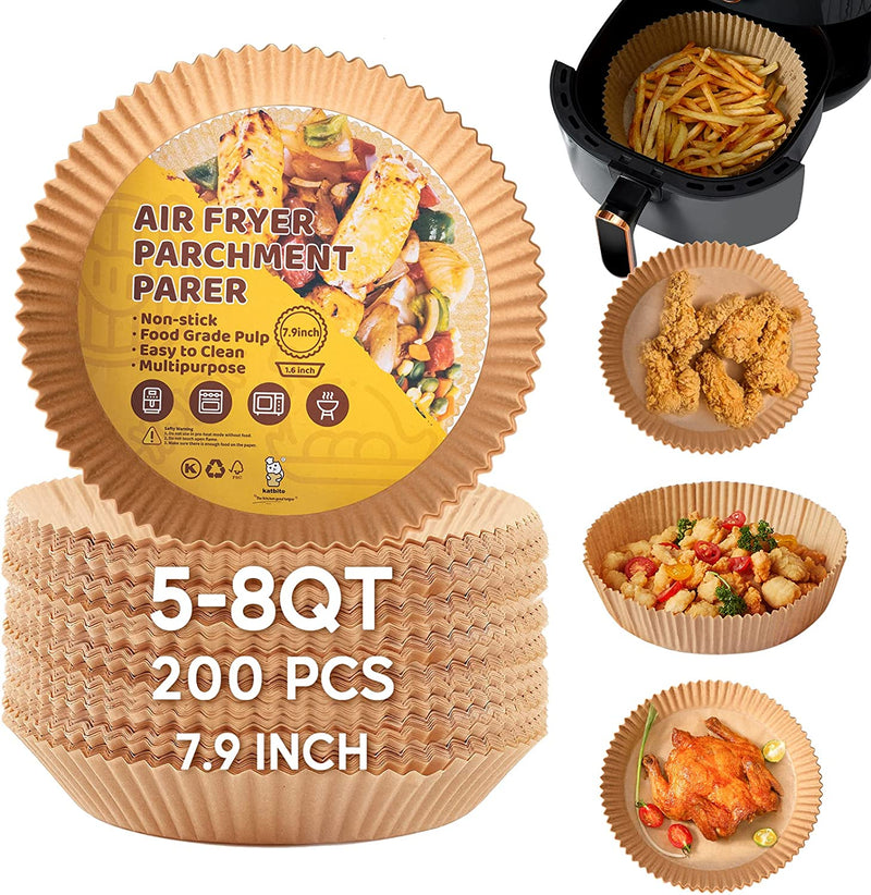 Katbite 200PCS Air Fryer Liners, Parchment Paper for 5-8 QT Air Fryer Basket, Non Stick Air Fryer Parchment Paper Liners Made of Food Grade Parchment Paper, 7.9 Inch
