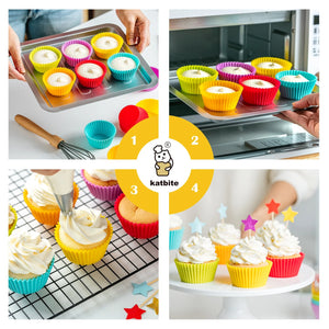 Katbite reusable silicone cupcake cups, 2.75″ size, nonstick and easy to clean—perfect for home baking muffins, cupcakes, and air fryer treats.