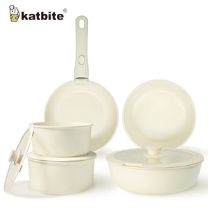 Katbite 11 Piece Nonstick Cookware Set with Detachable Handle Cream White