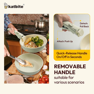 Katbite 11 Piece Nonstick Cookware Set with Detachable Handle Cream White