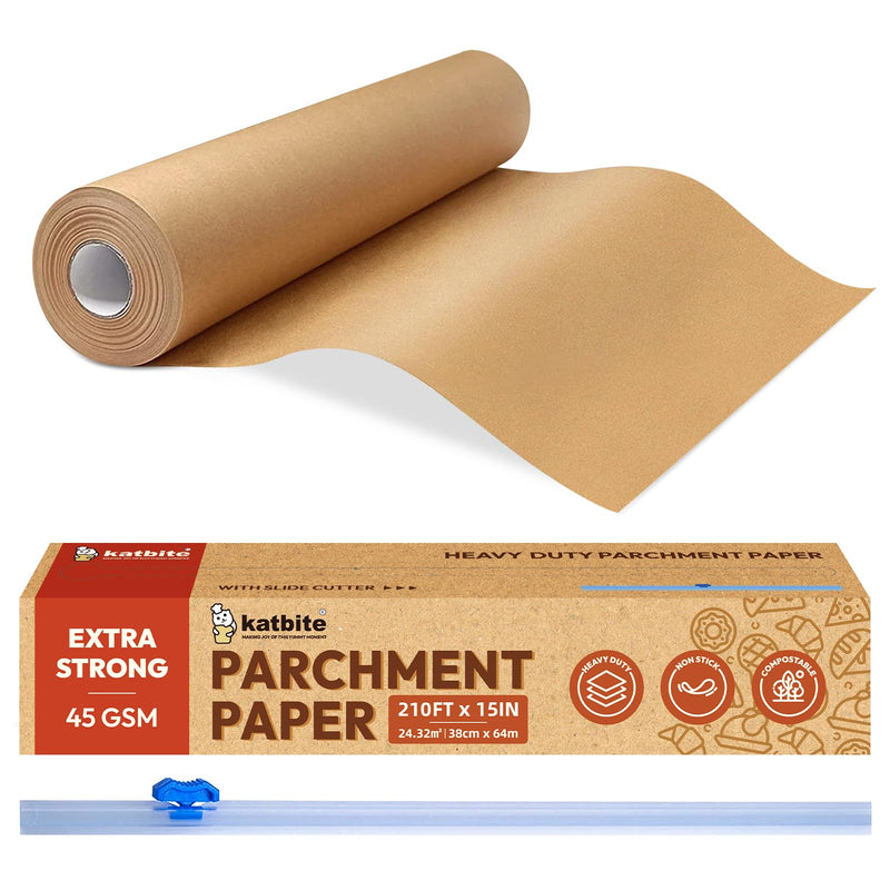 Unbleached Parchment Paper Roll for Baking, 15 in x 210 ft, 260 Sq.Ft Baking Paper with Slide Cutter, Heavy Duty & Non-stick, Brown Parchment Paper for Cooking, Air Fryer, Steaming, Bread, Cookies