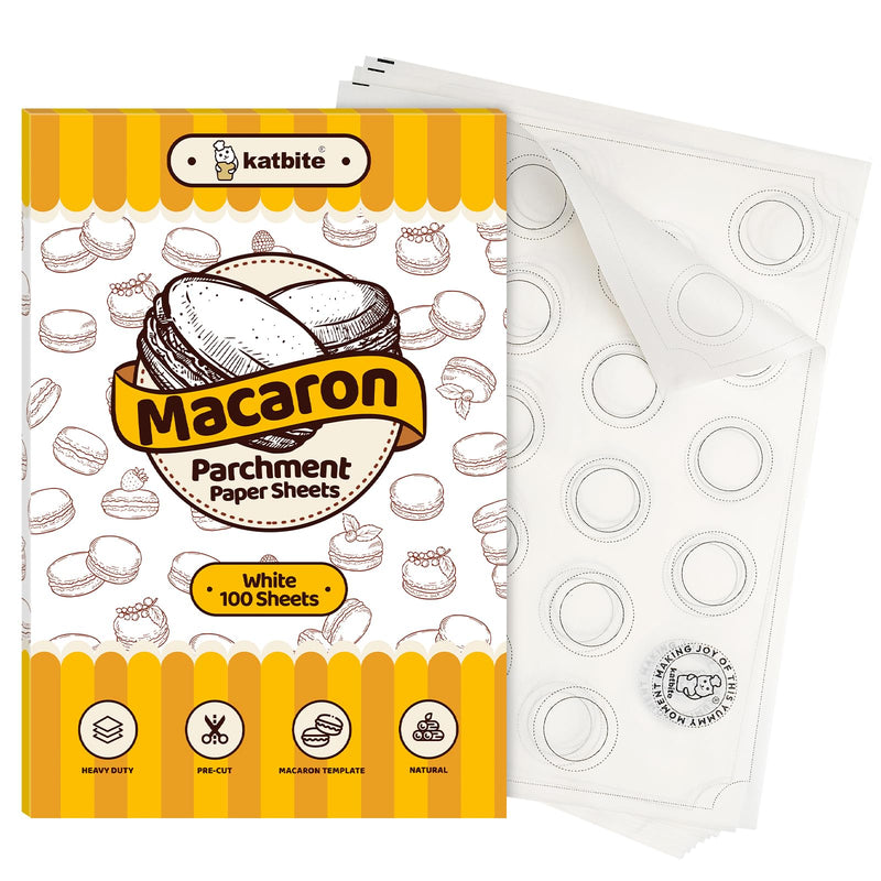 Katbite 100 Pcs Macaron Parchment Paper Sheets 12x16 Inch, Precut Printed Parchment Baking Paper with Macaron Template, Non-Stick & Heavy Duty, Half Sheet Parchment Paper for Baking,Macaron,Cookies