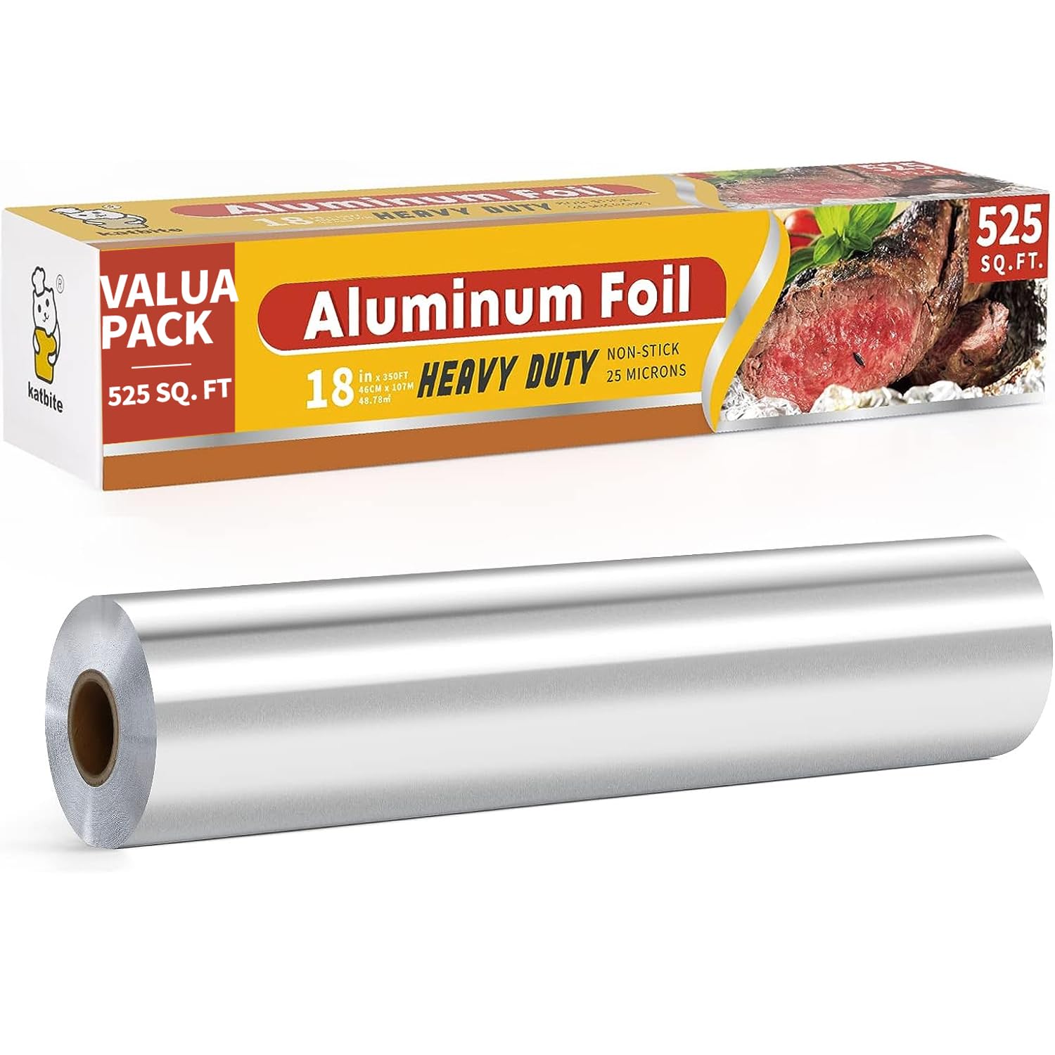 Katbite Aluminum Foil Heavy Duty 18 inch Wide, 25 Micron Thick Strong Heavy Duty Foil Aluminum Roll Wrap for Commercial Catering, Grilling, Roasting
