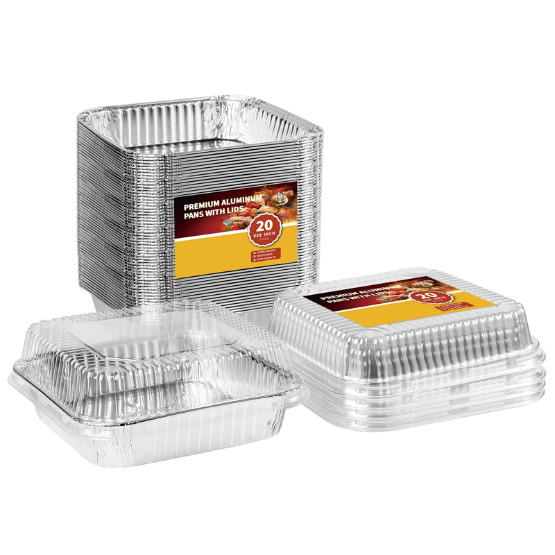 katbite 8x8 Aluminum Pans Disposable With Clear Lids for Air fryer, 20 Pack Disposable Foil Pans, Square Aluminum Baking Pans, Tin Foil Pans Great for Cooking, Heating, Storing, Prepping Food
