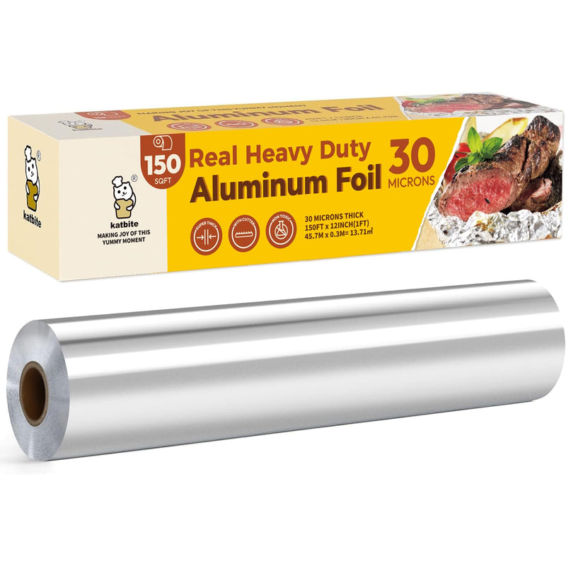 Katbite Aluminum Foil Heavy Duty 12inx150ft, 25 Micron Thick Strong Foils Aluminum Roll with Serrated Cutter for Home Cooking, Catering, Grilling