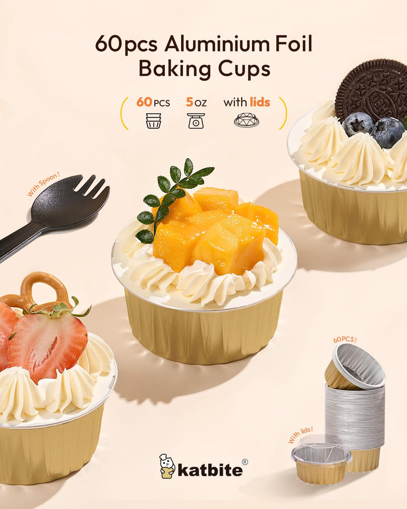 Katbite 60 pcs 5oz Aluminum Foil Cupcake Baking Cups, Muffin Tins for Creme Brulee, Desserts, Baking - Gold