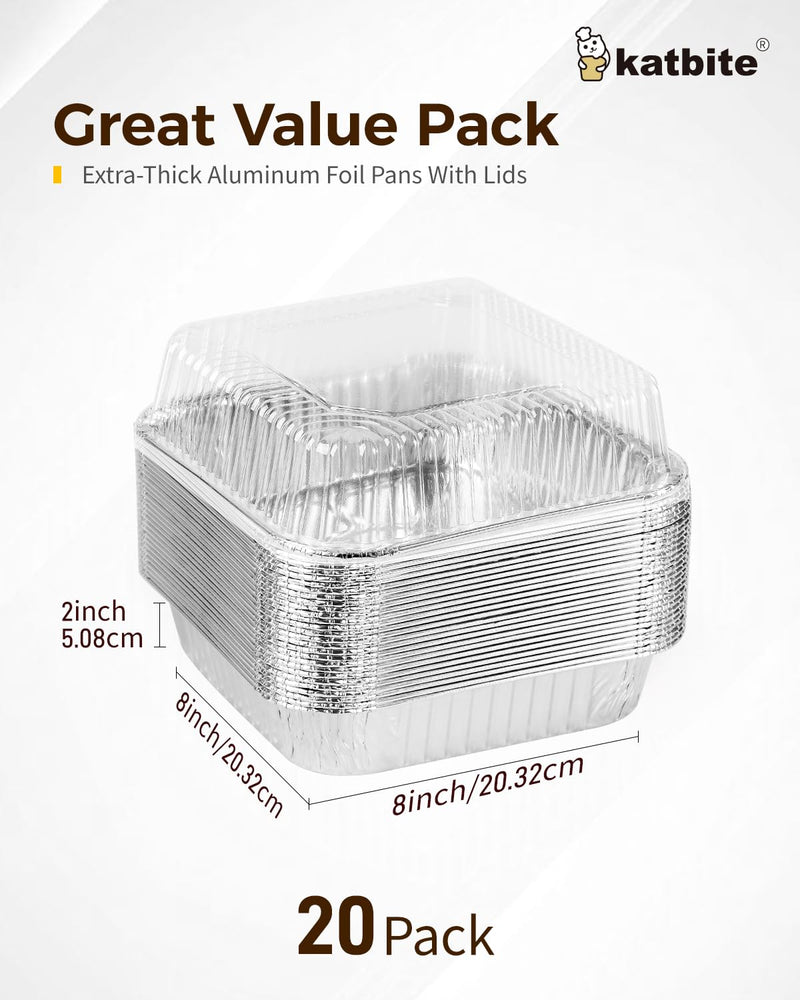 katbite 8x8 Aluminum Pans Disposable With Clear Lids for Air fryer, 25 Pack Disposable Foil Pans, Square Aluminum Baking Pans, Tin Foil Pans Great for Cooking, Heating, Storing, Prepping Food