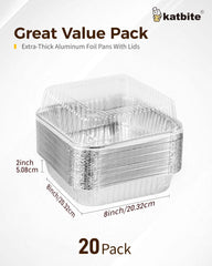 katbite 8x8 Aluminum Pans Disposable With Clear Lids for Air fryer, 25 Pack Disposable Foil Pans, Square Aluminum Baking Pans, Tin Foil Pans Great for Cooking, Heating, Storing, Prepping Food