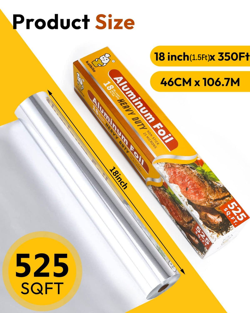 Katbite Aluminum Foil Heavy Duty 18 Inch Wide, 25 Micron Thick Strong Heavy Duty Foil Aluminum Roll Wrap for Commercial Catering, Grilling, Roasting, Baking, Home Cooking, 18inx350ft, 525 Sqft