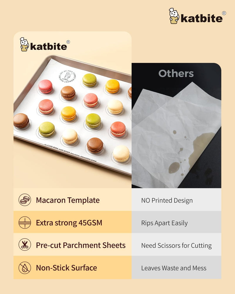 Katbite 100 Pcs Macaron Parchment Paper Sheets 12x16 Inch, Precut Printed Parchment Baking Paper with Macaron Template, Non-Stick & Heavy Duty, Half Sheet Parchment Paper for Baking,Macaron,Cookies