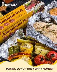 Katbite Aluminum Foil Heavy Duty 12inx150ft, 25 Micron Thick Strong Foils Aluminum Roll with Serrated Cutter for Home Cooking, Catering, Grilling, Roasting, 150Sqft